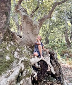 pensive woman sitting on a beautiful thousand year old tree